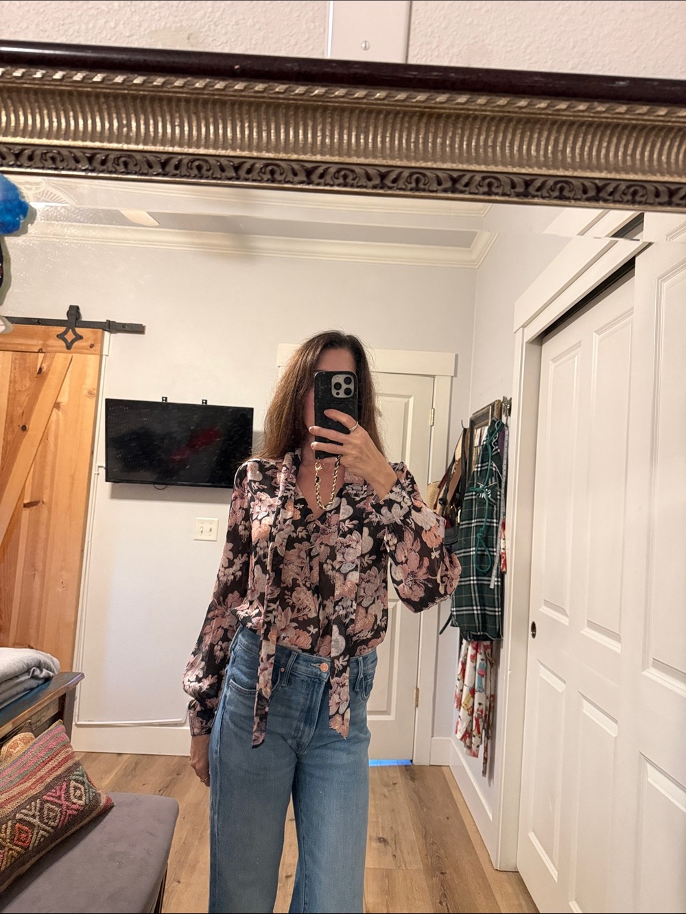 NWT PAIGE silk V-Neck Long Sleeve Blouse with tie - Black & Pink floral